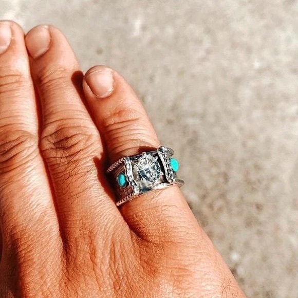 Navajo Kingman Turquoise and Topaz Engagement Cuff Ring - Picture 6 of 8